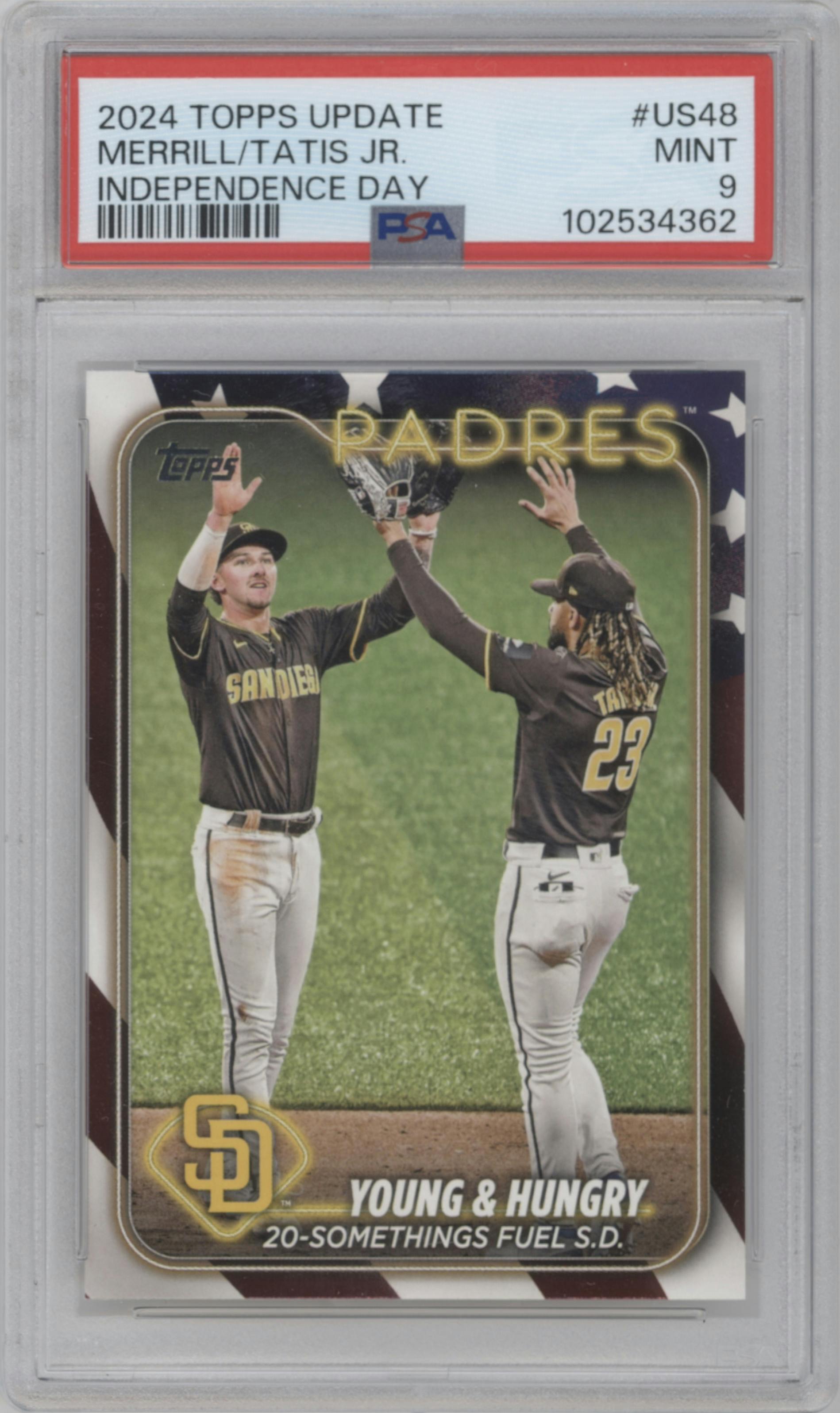 Jackson Merrill/Fernando Tatis Jr. from the 2024 Topps Update set featuring a Independence Day parallel graded by PSA and given an overall grade of 9.