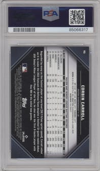 Corbin Carroll from the 2023 Topps Chrome Black set graded by PSA and given an overall grade of 10.