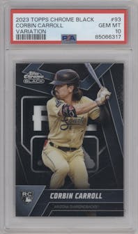 Corbin Carroll from the 2023 Topps Chrome Black set graded by PSA and given an overall grade of 10.
