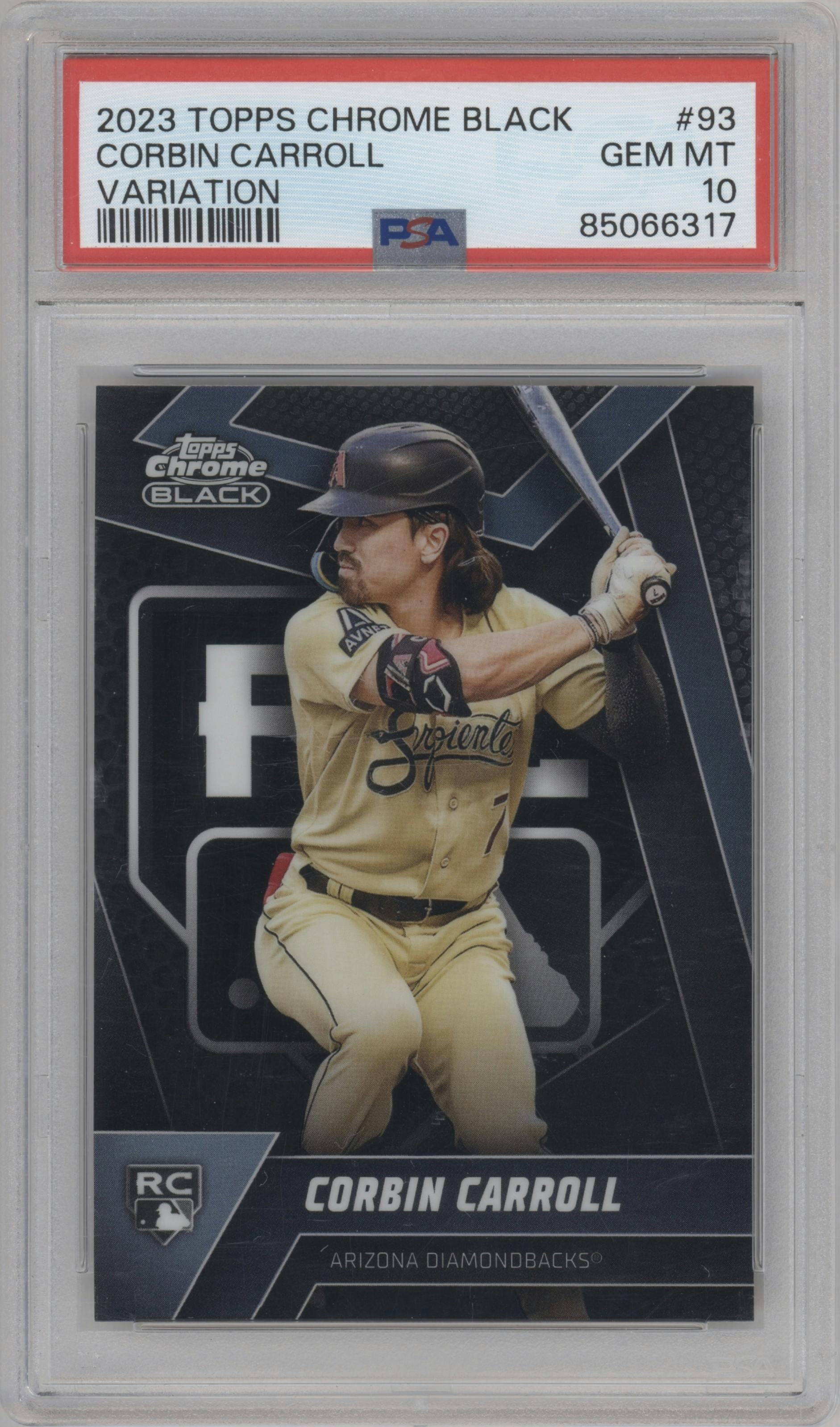 Corbin Carroll from the 2023 Topps Chrome Black set graded by PSA and given an overall grade of 10.
