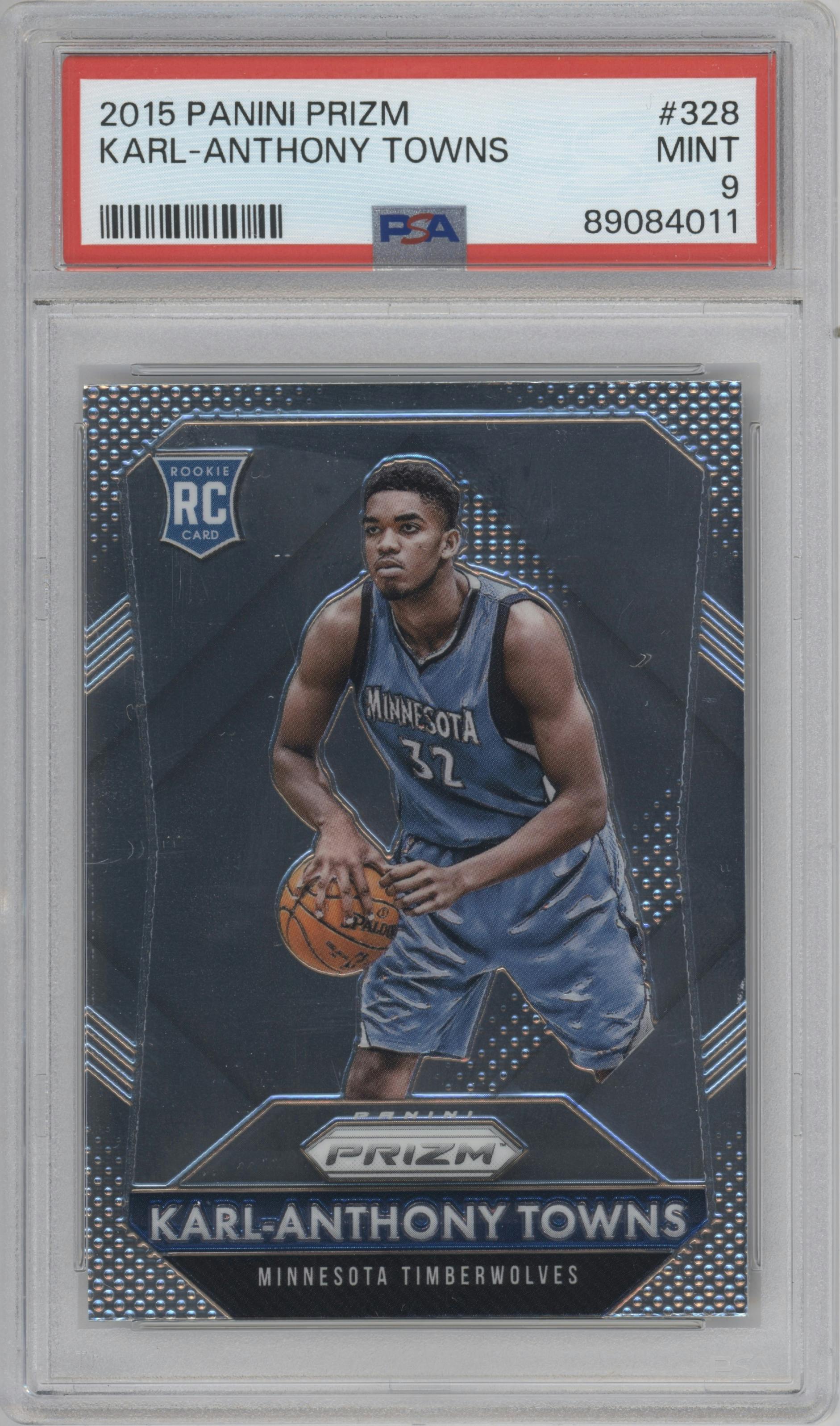 Karl-Anthony Towns from the 2015-16 Panini Prizm  set graded by PSA and given an overall grade of 9.