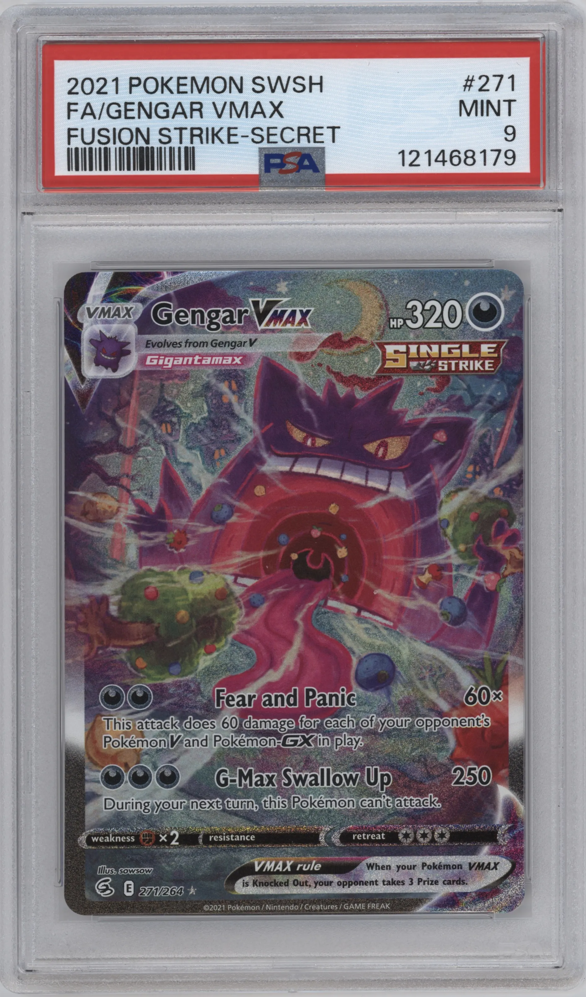 Gengar VMAX from the 2021 Pokemon SWSH set graded by PSA and given an overall grade of 9.