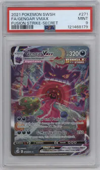Gengar VMAX from the 2021 Pokemon SWSH set graded by PSA and given an overall grade of 9.