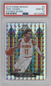 Trae Young from the 2019-20 Panini Mosaic  set graded by PSA and given an overall grade of 10.