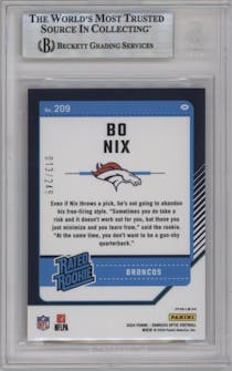 Bo Nix from the 2024 Donruss Optic set featuring a Orange parallel graded by Beckett and given an overall grade of 9.