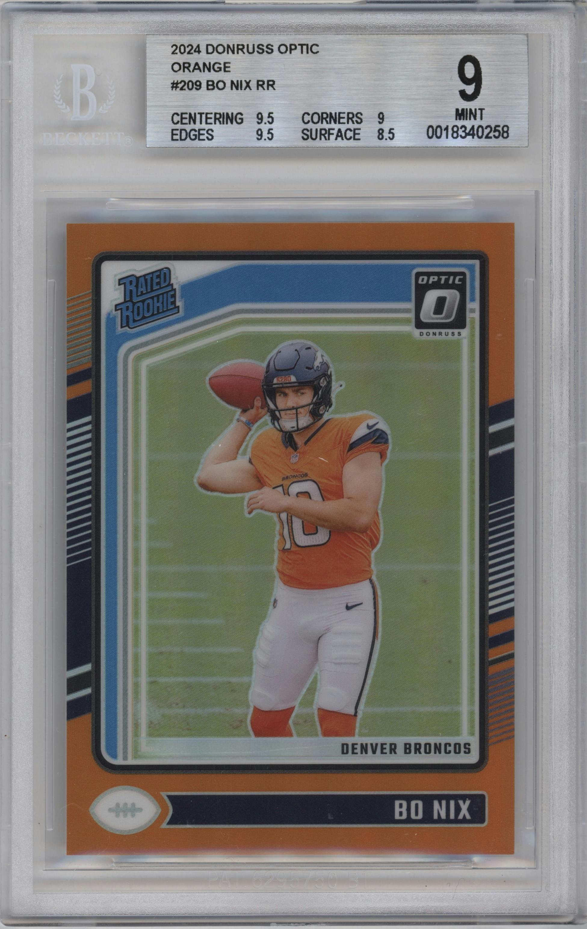 Bo Nix from the 2024 Donruss Optic set featuring a Orange parallel graded by Beckett and given an overall grade of 9.