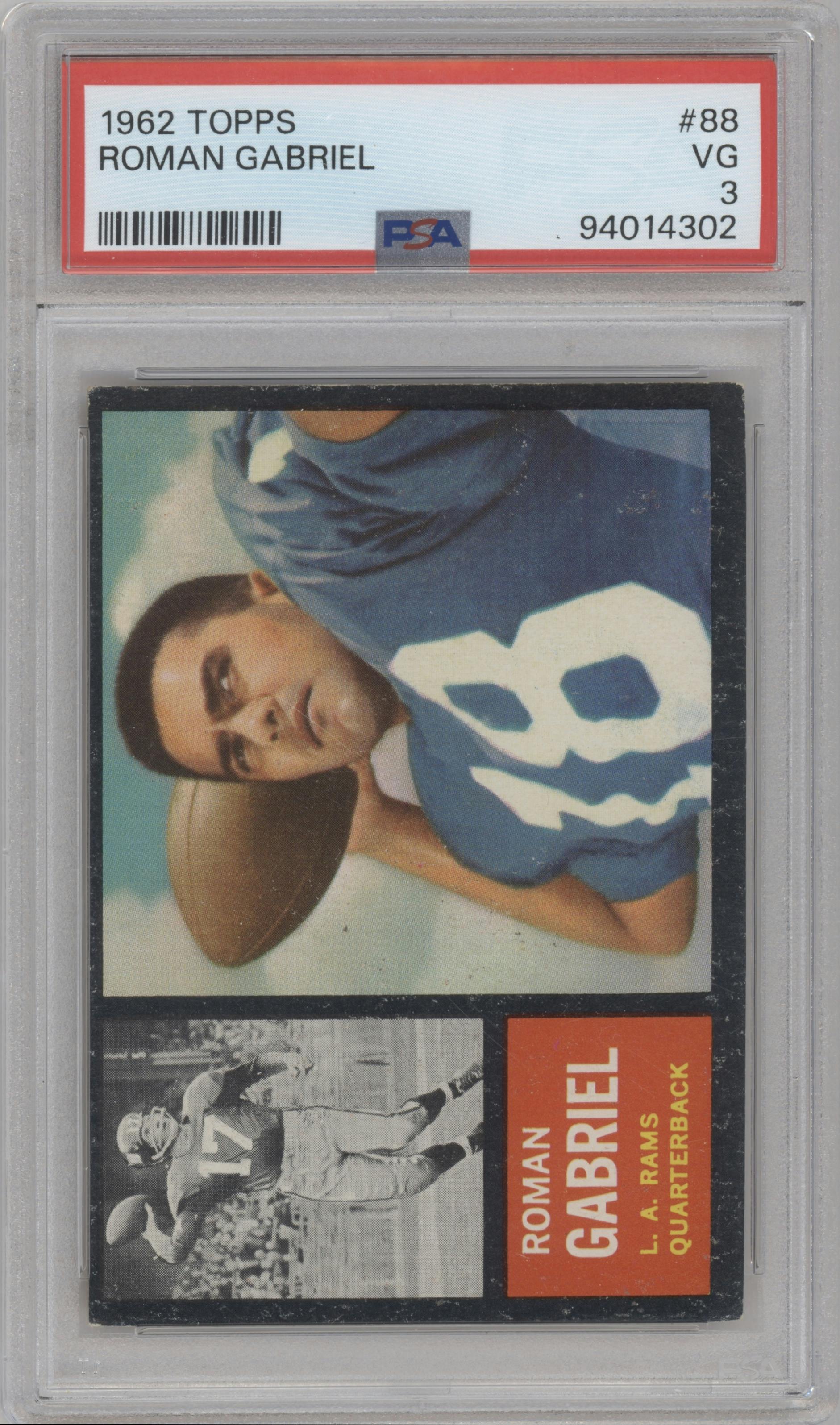 Roman Gabriel from the 1962 Topps set graded by PSA and given an overall grade of 3.