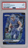 Aidan Hutchinson from the 2024 Panini Prizm set featuring a Choice Blue parallel graded by PSA and given an overall grade of 9.