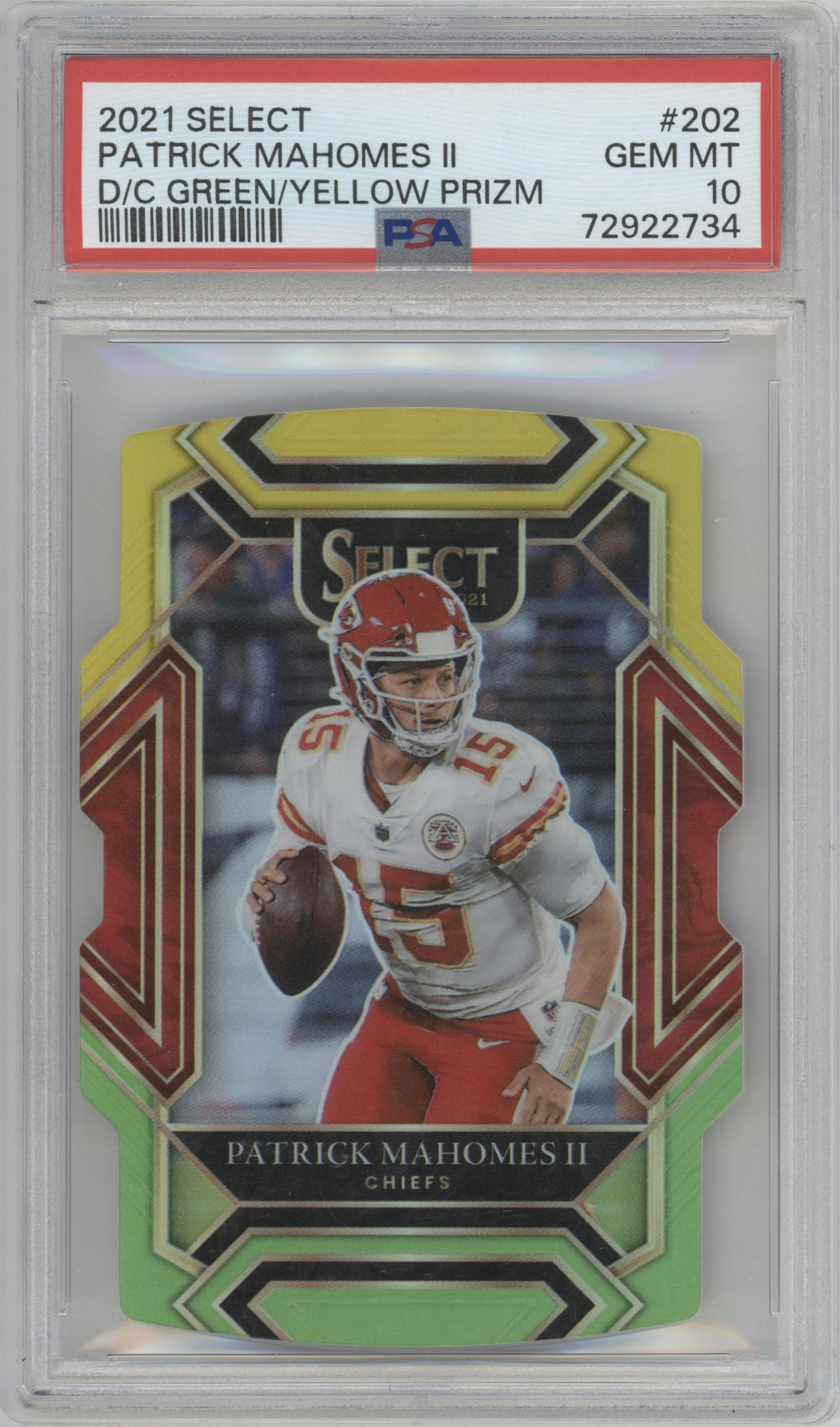Patrick Mahomes II  from the 2021 Panini Select set featuring a Die-Cut Green/Yellow parallel graded by PSA and given an overall grade of 10.