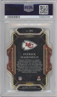 Patrick Mahomes II  from the 2021 Panini Select set featuring a Die-Cut Green/Yellow parallel graded by PSA and given an overall grade of 10.