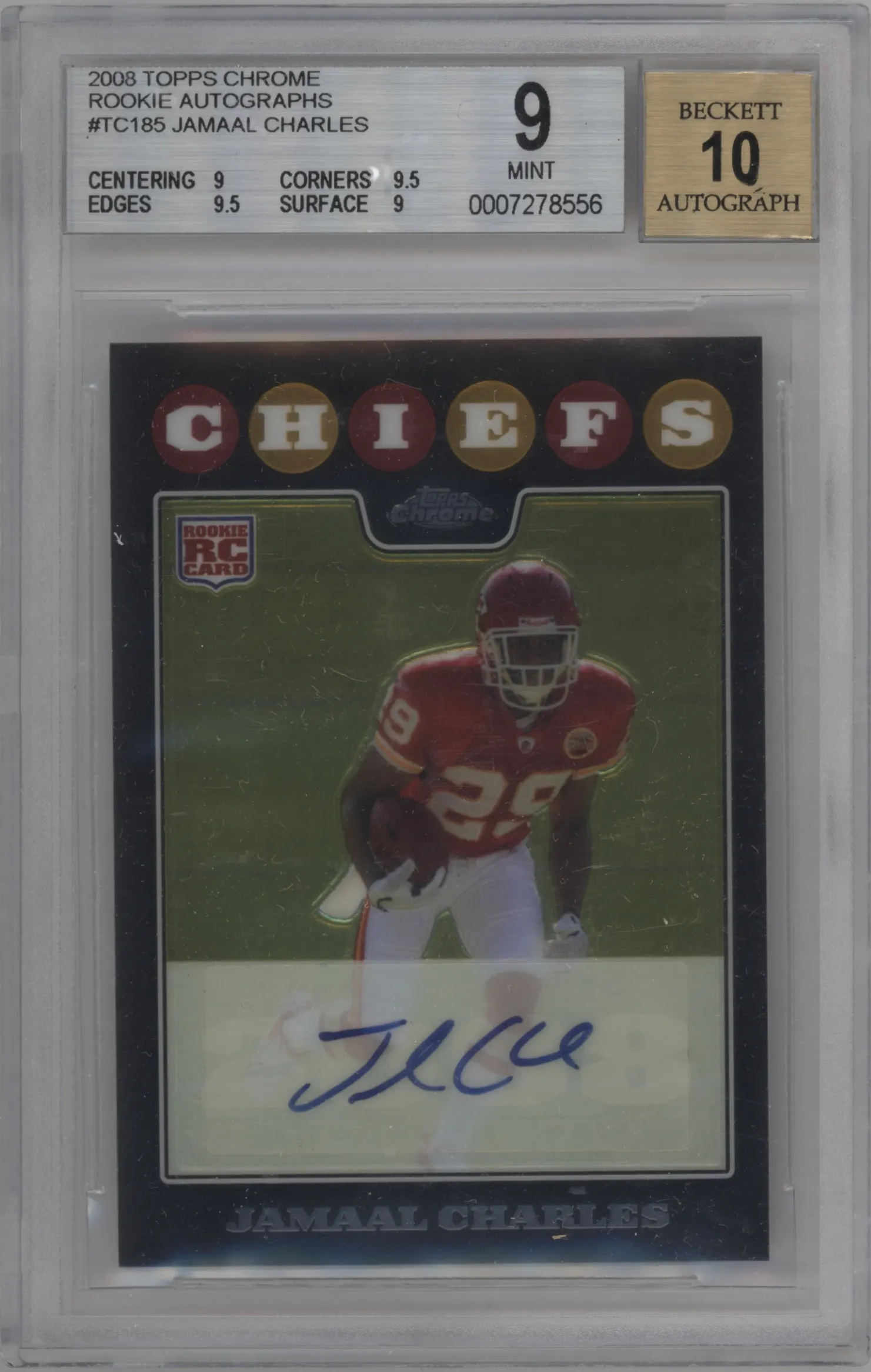 2008 Topps Chrome Rke.Auto Jamaal Charles #TC185 BGS 9