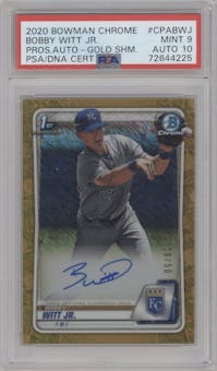 Bobby Witt Jr. from the 2020 Bowman Chrome set featuring a Gold Shimmer Refractor parallel graded by PSA and given an overall grade of 9.
