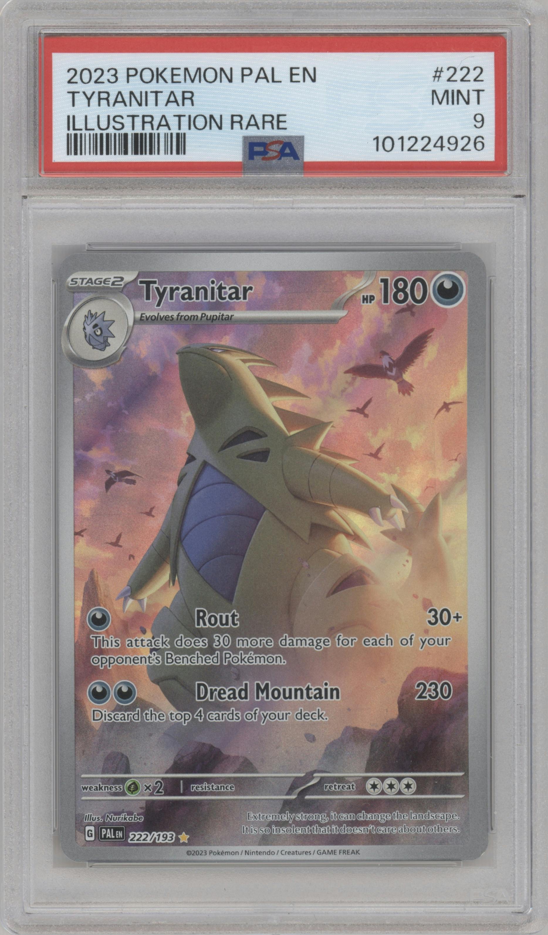 Tyranitar from the 2023 Pokemon SV set graded by PSA and given an overall grade of 9.