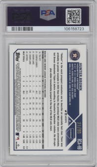 Hunter Brown from the 2023 Topps Chrome Logofractor Edition set featuring a Green Refractor parallel graded by PSA and given an overall grade of 9.