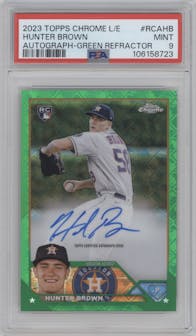 Hunter Brown from the 2023 Topps Chrome Logofractor Edition set featuring a Green Refractor parallel graded by PSA and given an overall grade of 9.
