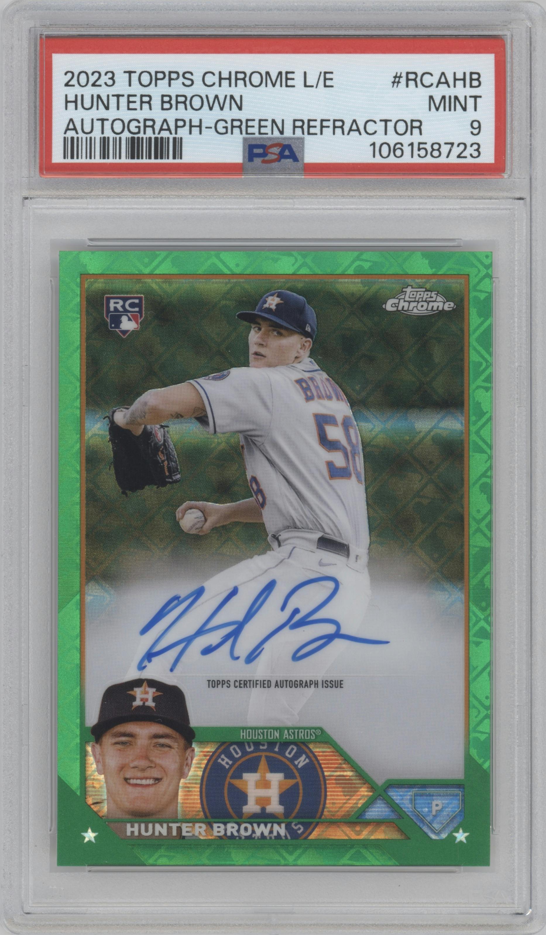 Hunter Brown from the 2023 Topps Chrome Logofractor Edition set featuring a Green Refractor parallel graded by PSA and given an overall grade of 9.