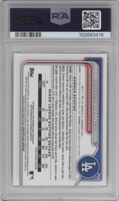 Thayron Liranzo from the 2024 Bowman Chrome set featuring a HTA Choice Refractor parallel graded by PSA and given an overall grade of 10.