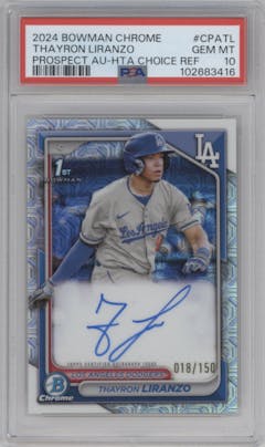 Thayron Liranzo from the 2024 Bowman Chrome set featuring a HTA Choice Refractor parallel graded by PSA and given an overall grade of 10.