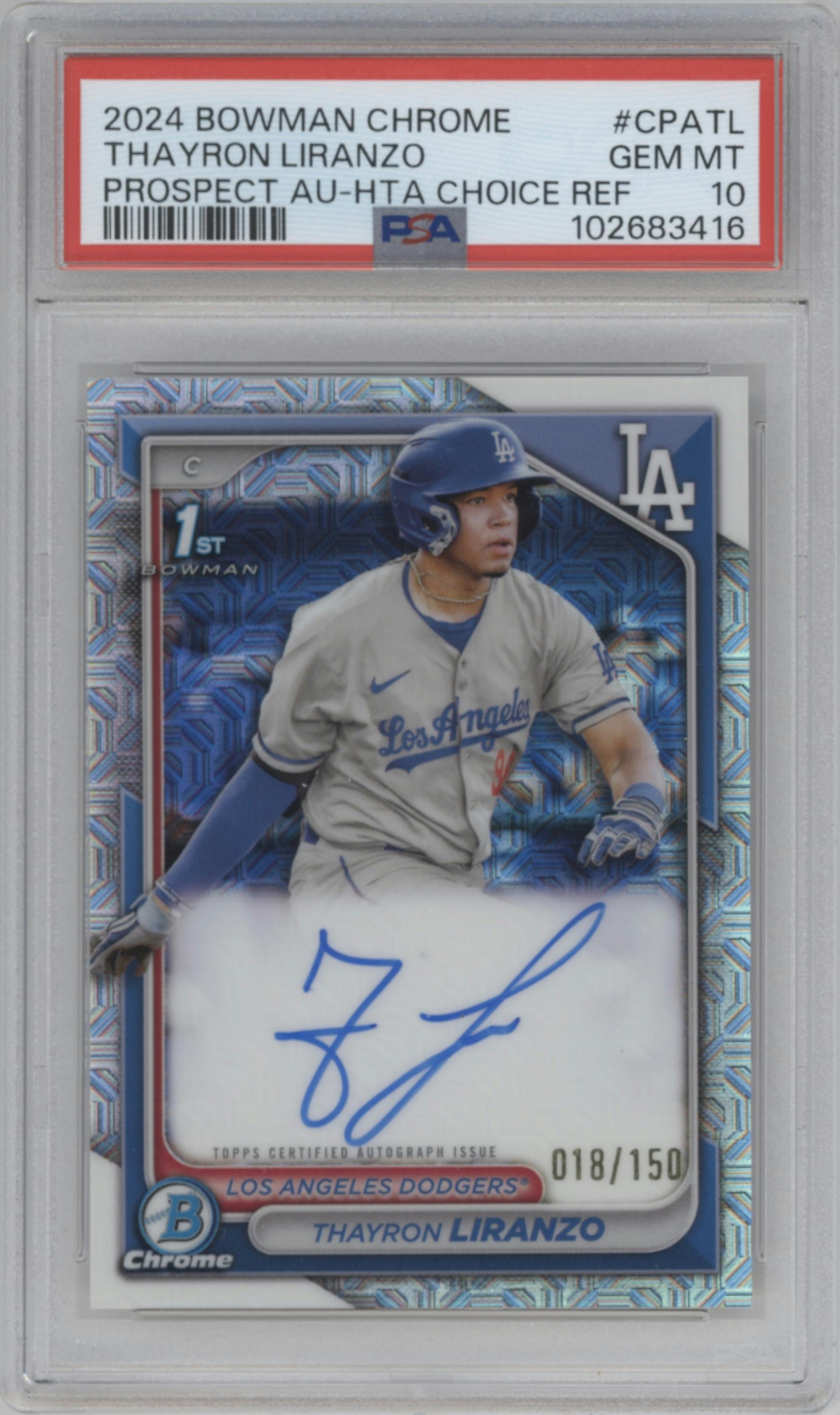 Thayron Liranzo from the 2024 Bowman Chrome set featuring a HTA Choice Refractor parallel graded by PSA and given an overall grade of 10.