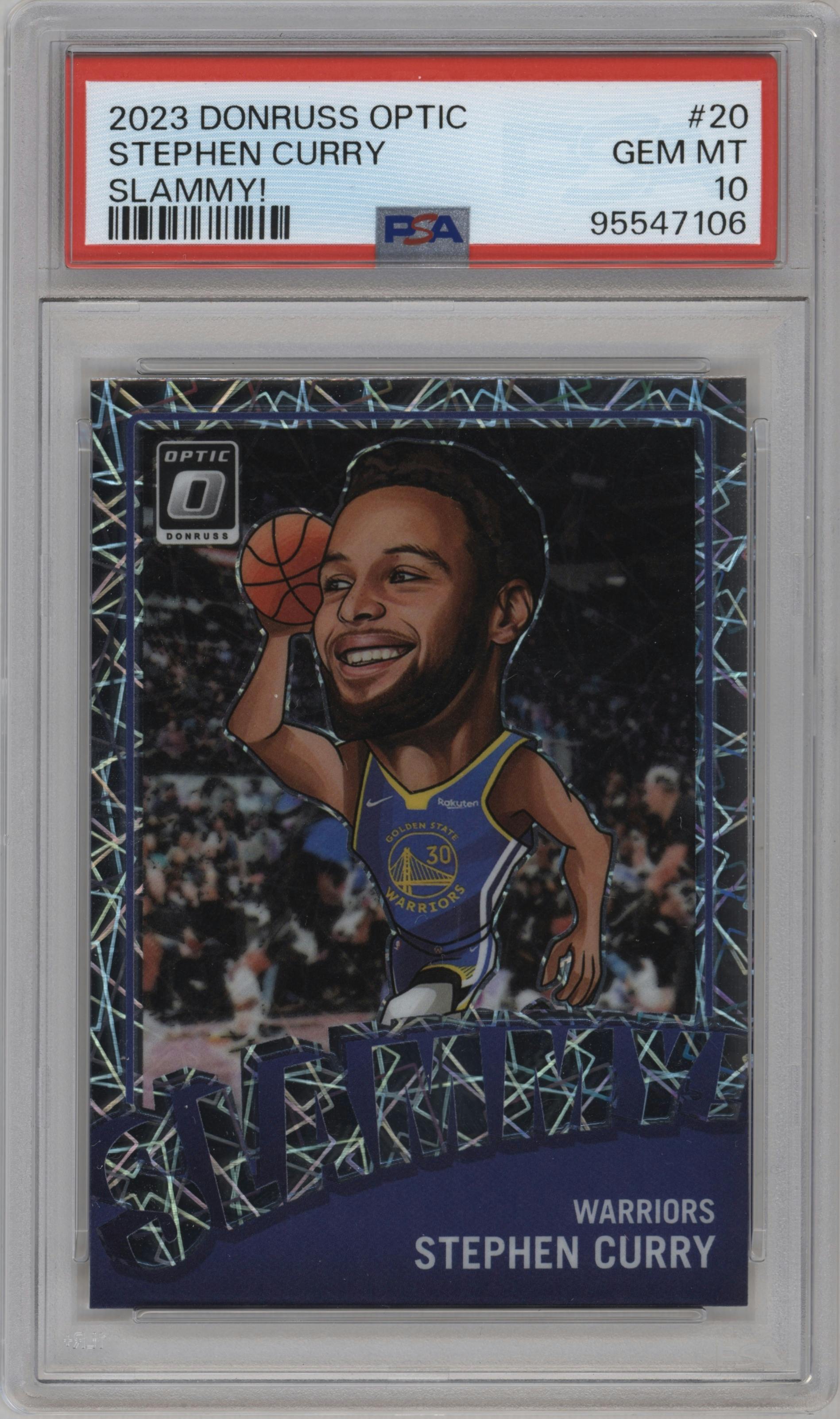 Stephen Curry from the 2023-24 Donruss Optic set graded by PSA and given an overall grade of 10.