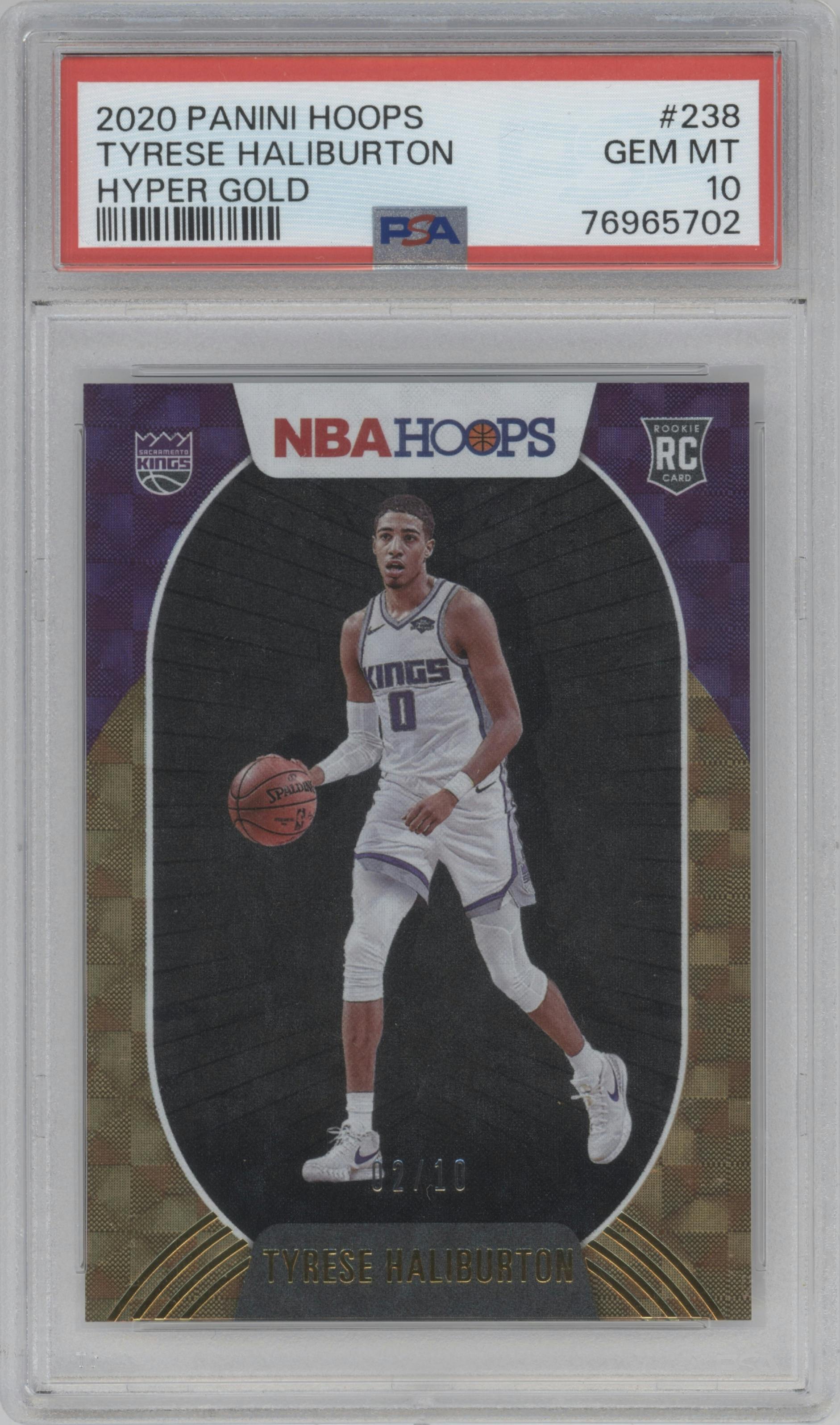 Tyrese Haliburton from the 2020-21 Panini NBA Hoops set featuring a Hyper Gold parallel graded by PSA and given an overall grade of 10.