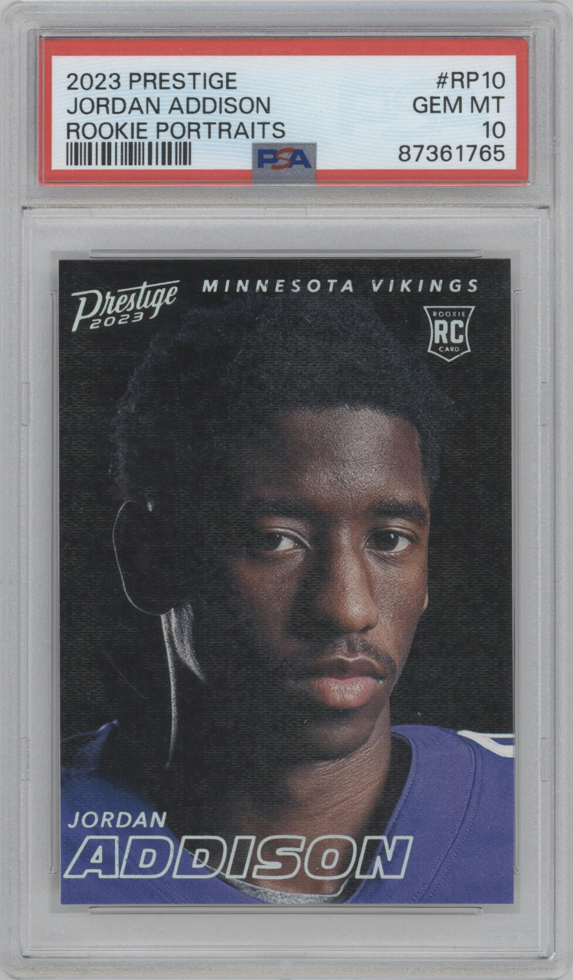 Jordan Addison from the 2023 Panini Prestige set graded by PSA and given an overall grade of 10.