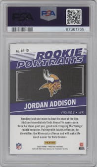 Jordan Addison from the 2023 Panini Prestige set graded by PSA and given an overall grade of 10.