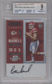 Patrick Mahomes II from the 2017 Panini Contenders Optic set featuring a Red parallel graded by Beckett and given an overall grade of 9.