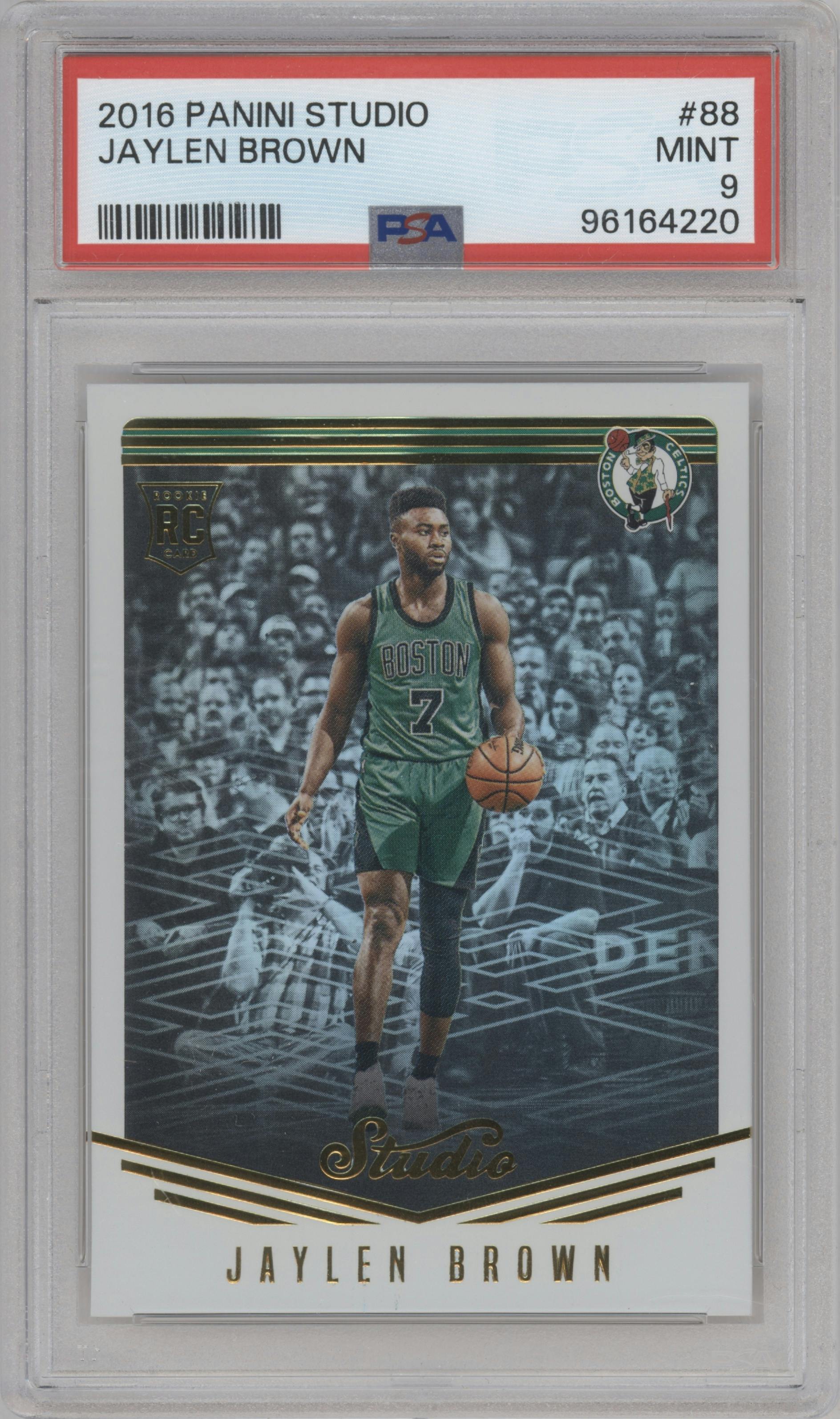 Jaylen Brown from the 2016-17 Panini Studio set graded by PSA and given an overall grade of 9.