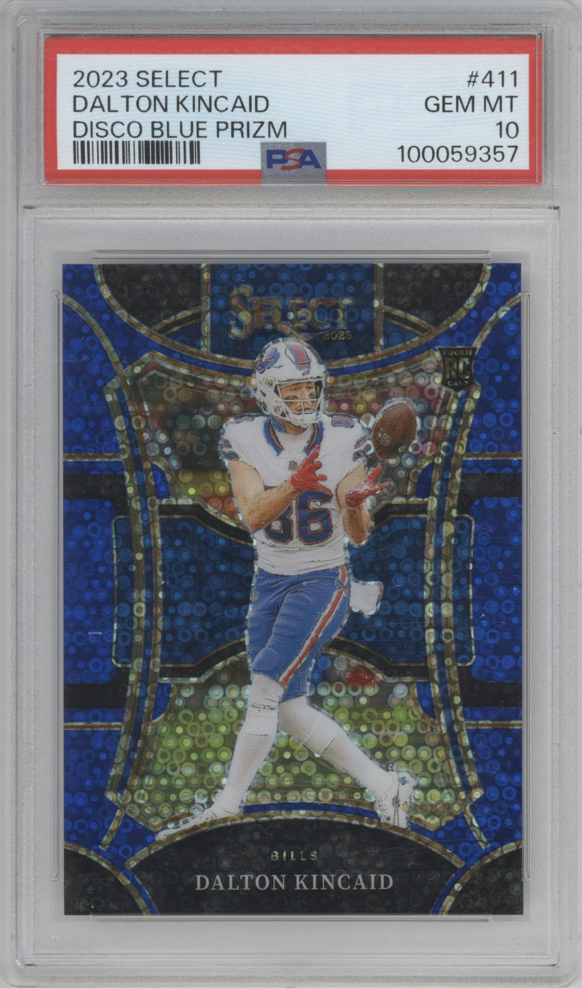 Dalton Kincaid from the 2023 Panini Select set featuring a Disco Blue parallel graded by PSA and given an overall grade of 10.