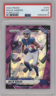 Malik Nabers from the 2024 Panini Prizm set featuring a Purple Ice parallel graded by PSA and given an overall grade of 8.
