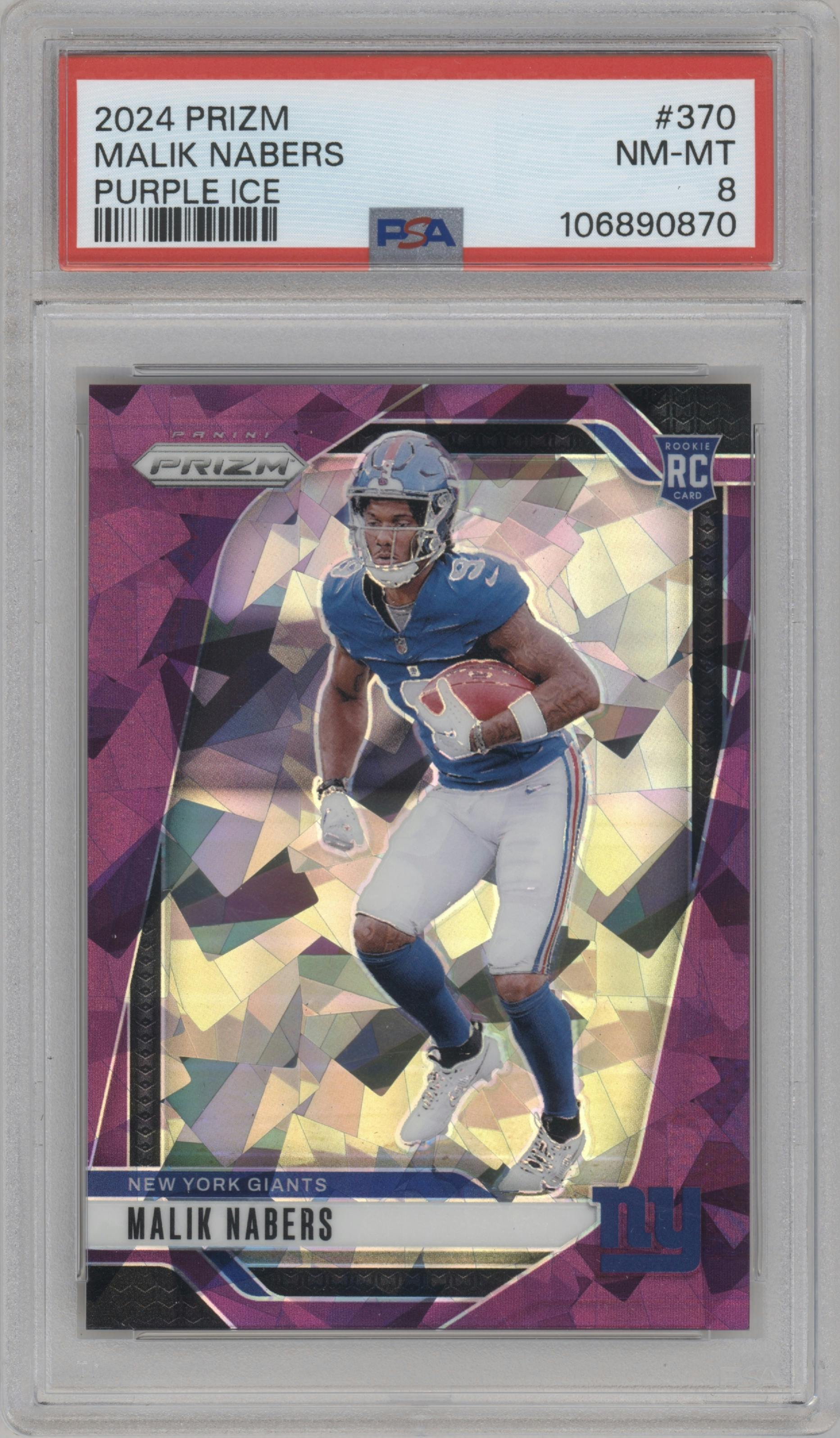 Malik Nabers from the 2024 Panini Prizm set featuring a Purple Ice parallel graded by PSA and given an overall grade of 8.
