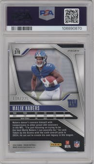 Malik Nabers from the 2024 Panini Prizm set featuring a Purple Ice parallel graded by PSA and given an overall grade of 8.