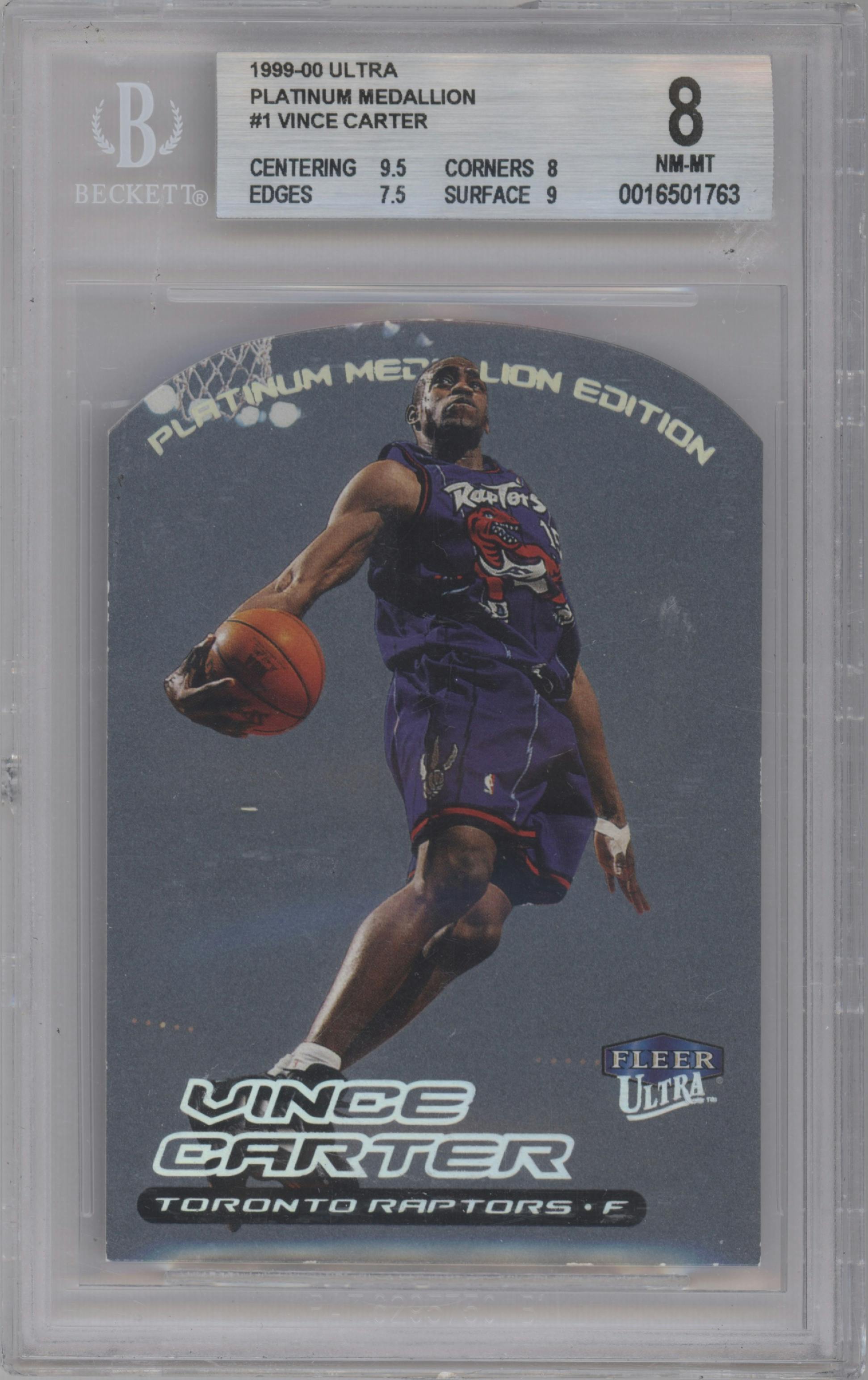 Vince Carter from the 1999-00 Fleer Ultra set featuring a Platinum Medallion parallel graded by Beckett and given an overall grade of 8.