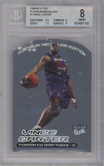 Vince Carter from the 1999-00 Fleer Ultra set featuring a Platinum Medallion parallel graded by Beckett and given an overall grade of 8.