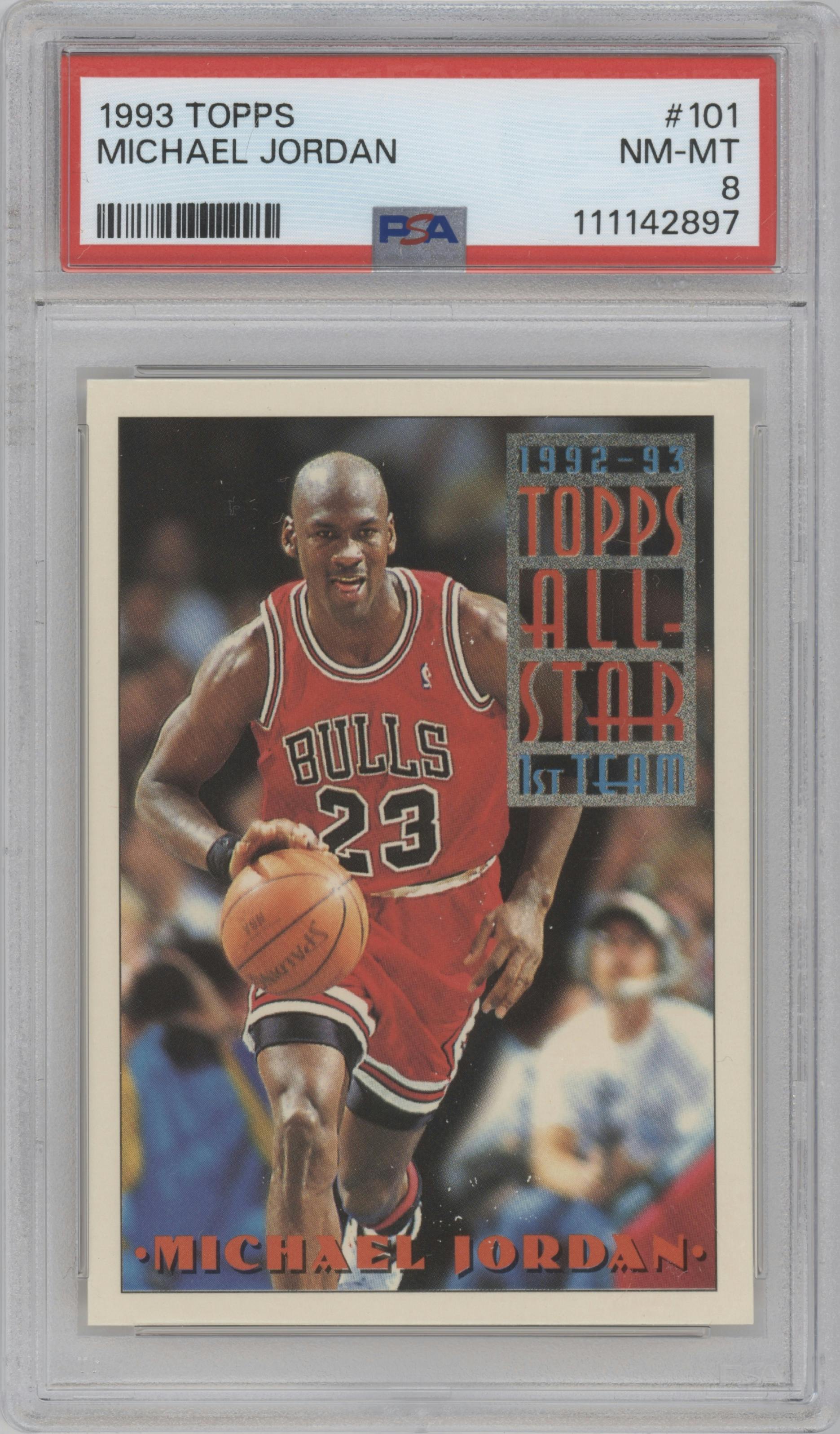 Michael Jordan from the 1993-94 Topps set graded by PSA and given an overall grade of 8.