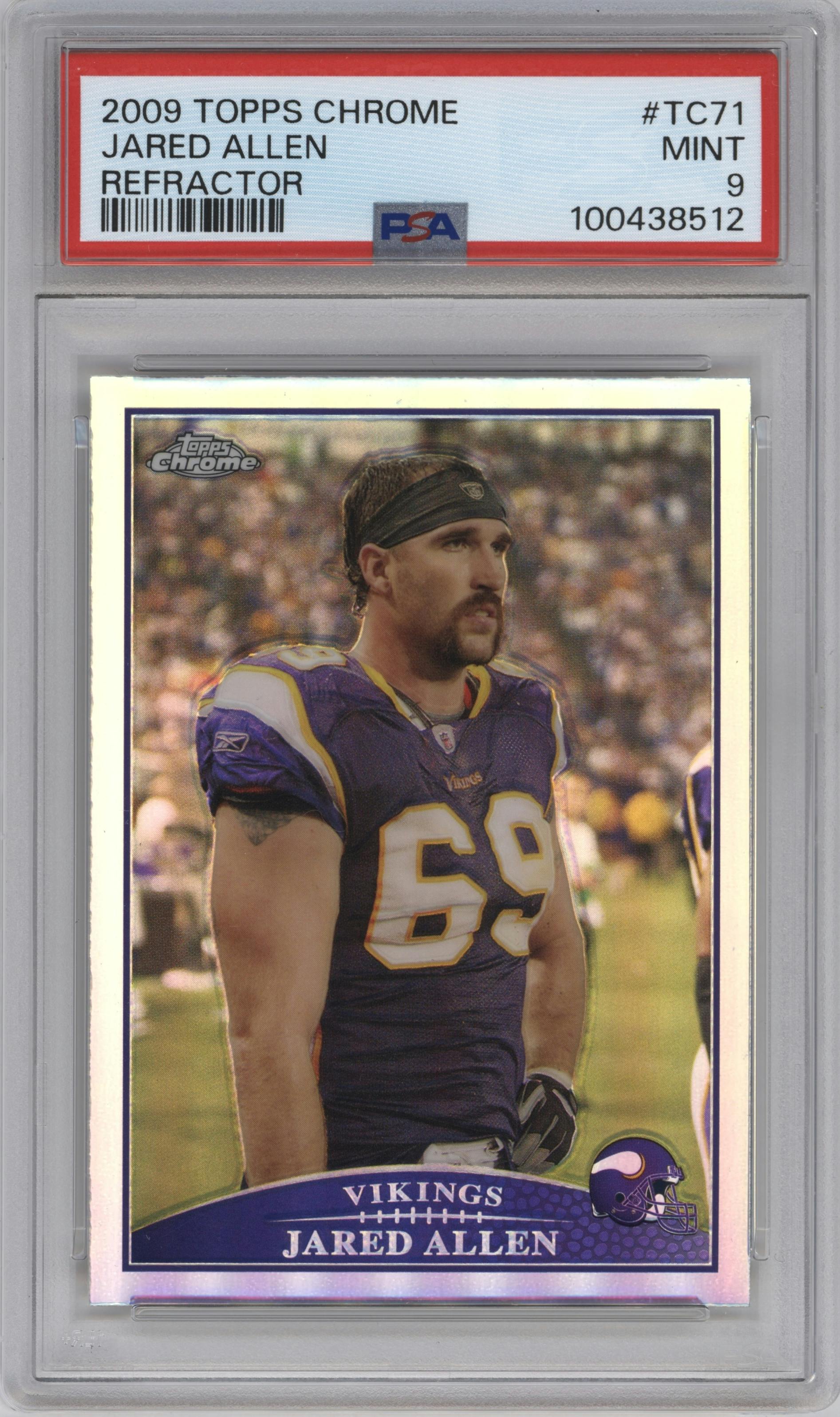 Jared Allen from the 2009 Topps Chrome set featuring a Refractor parallel graded by PSA and given an overall grade of 9.