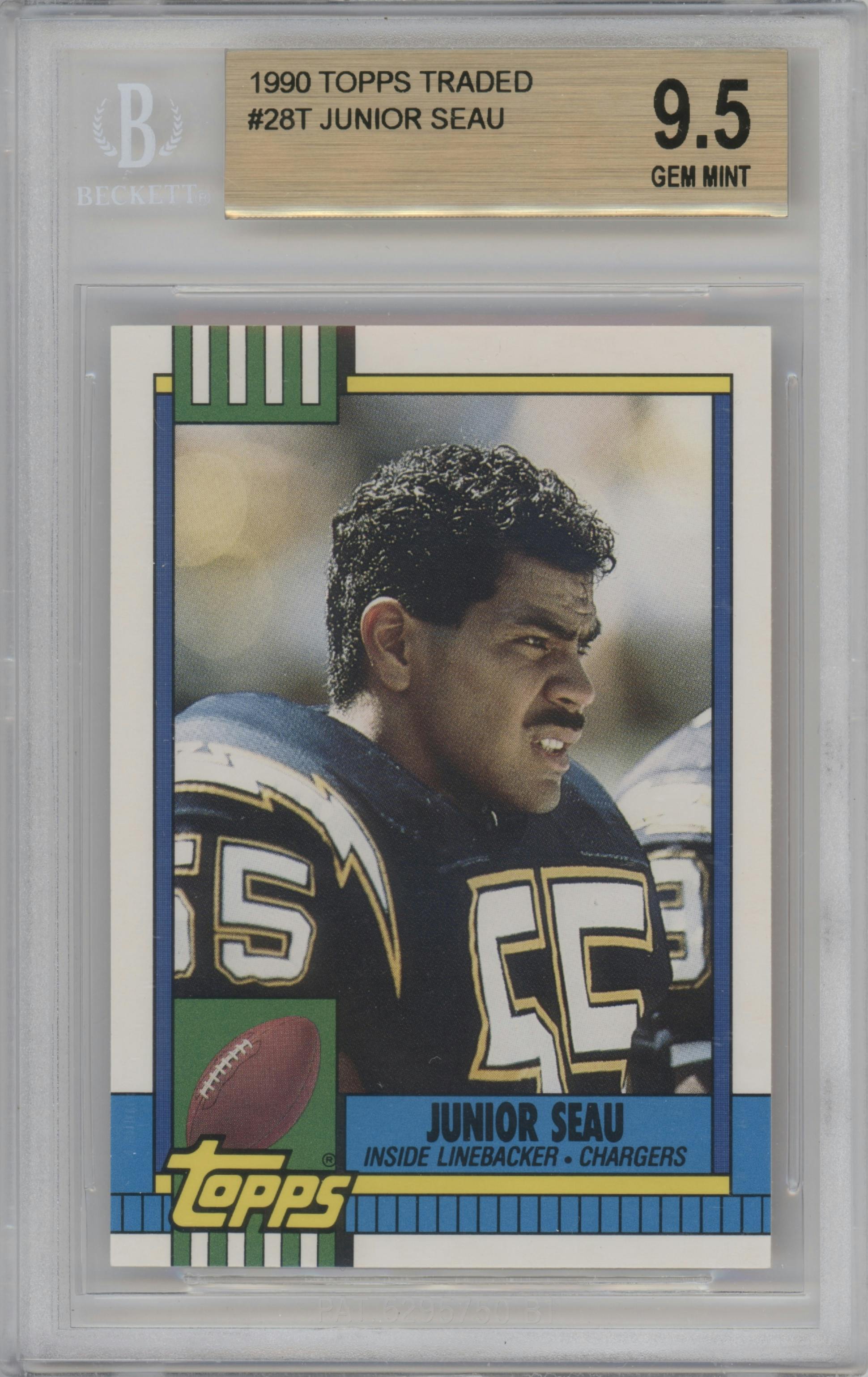 Junior Seau from the 1990 Topps Traded set graded by Beckett and given an overall grade of 9.5.