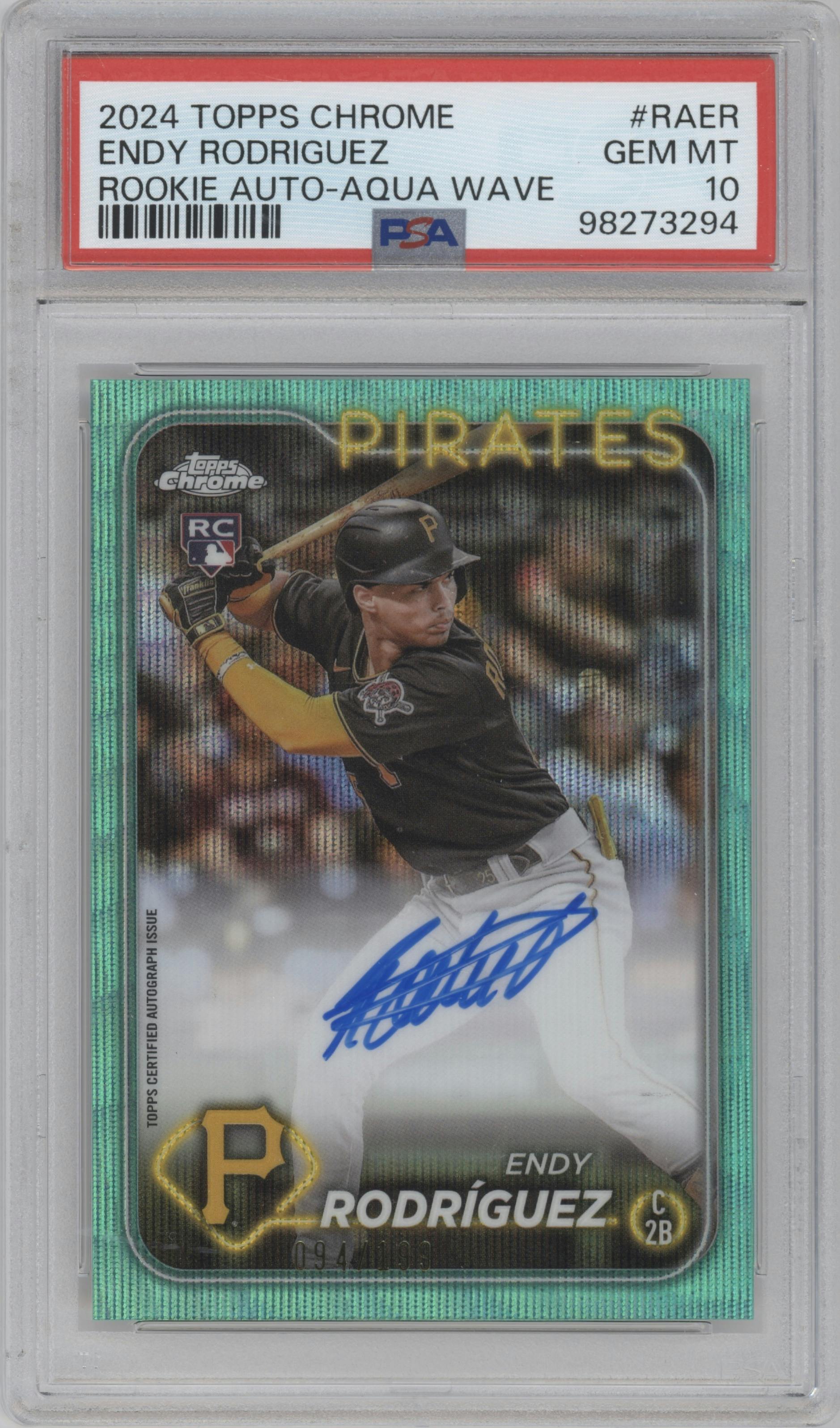 Endy Rodriguez from the 2024 Topps Chrome set featuring a Aqua Wave Refractor parallel graded by PSA and given an overall grade of 10.