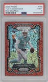 Tua Tagovailoa from the 2023 Panini Prizm set featuring a Red Sparkle parallel graded by PSA and given an overall grade of 9.