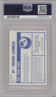 Mario Lemieux from the 1985-86 O-Pee-Chee Stickers set graded by PSA and given an overall grade of 9.