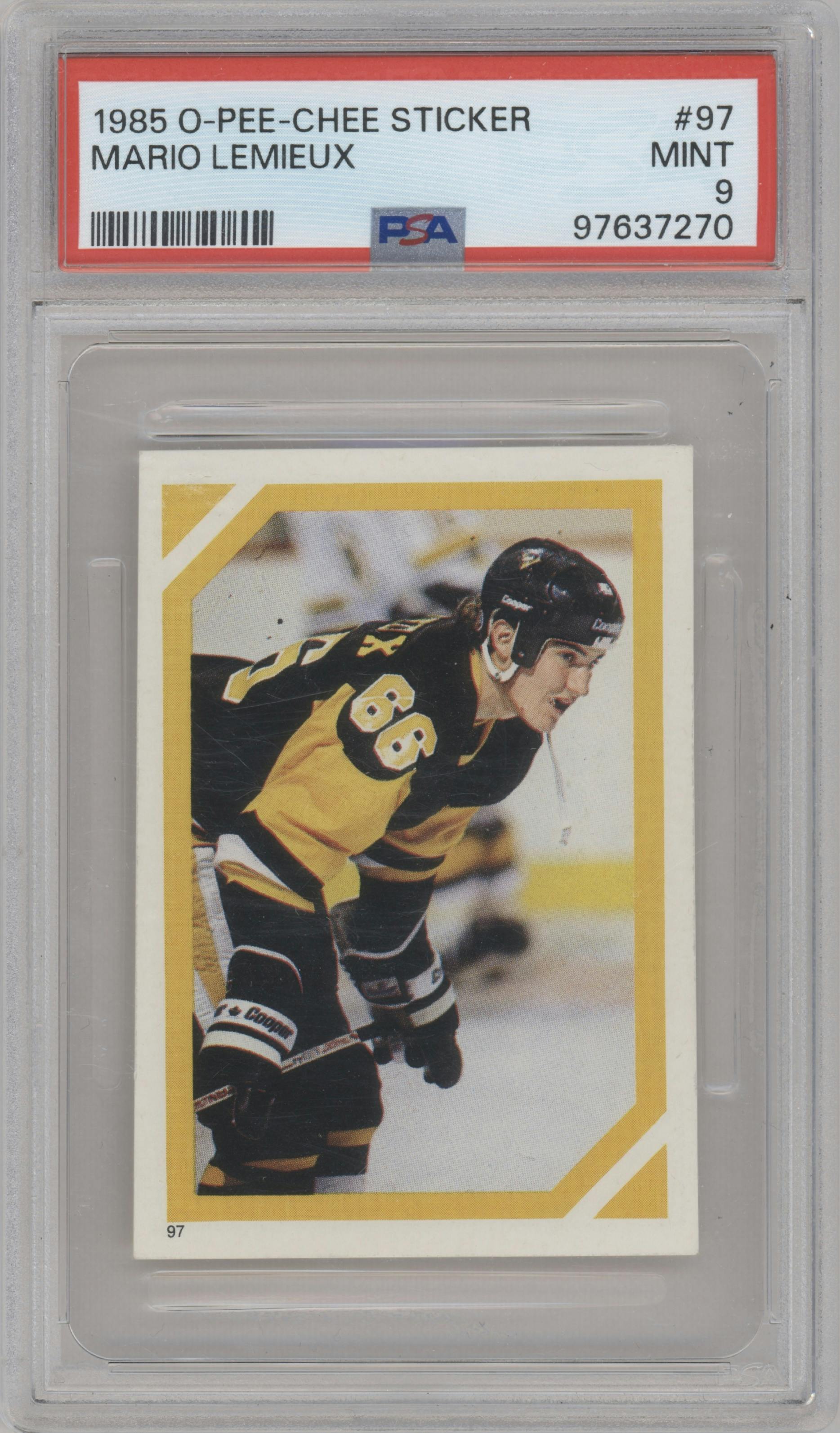 Mario Lemieux from the 1985-86 O-Pee-Chee Stickers set graded by PSA and given an overall grade of 9.