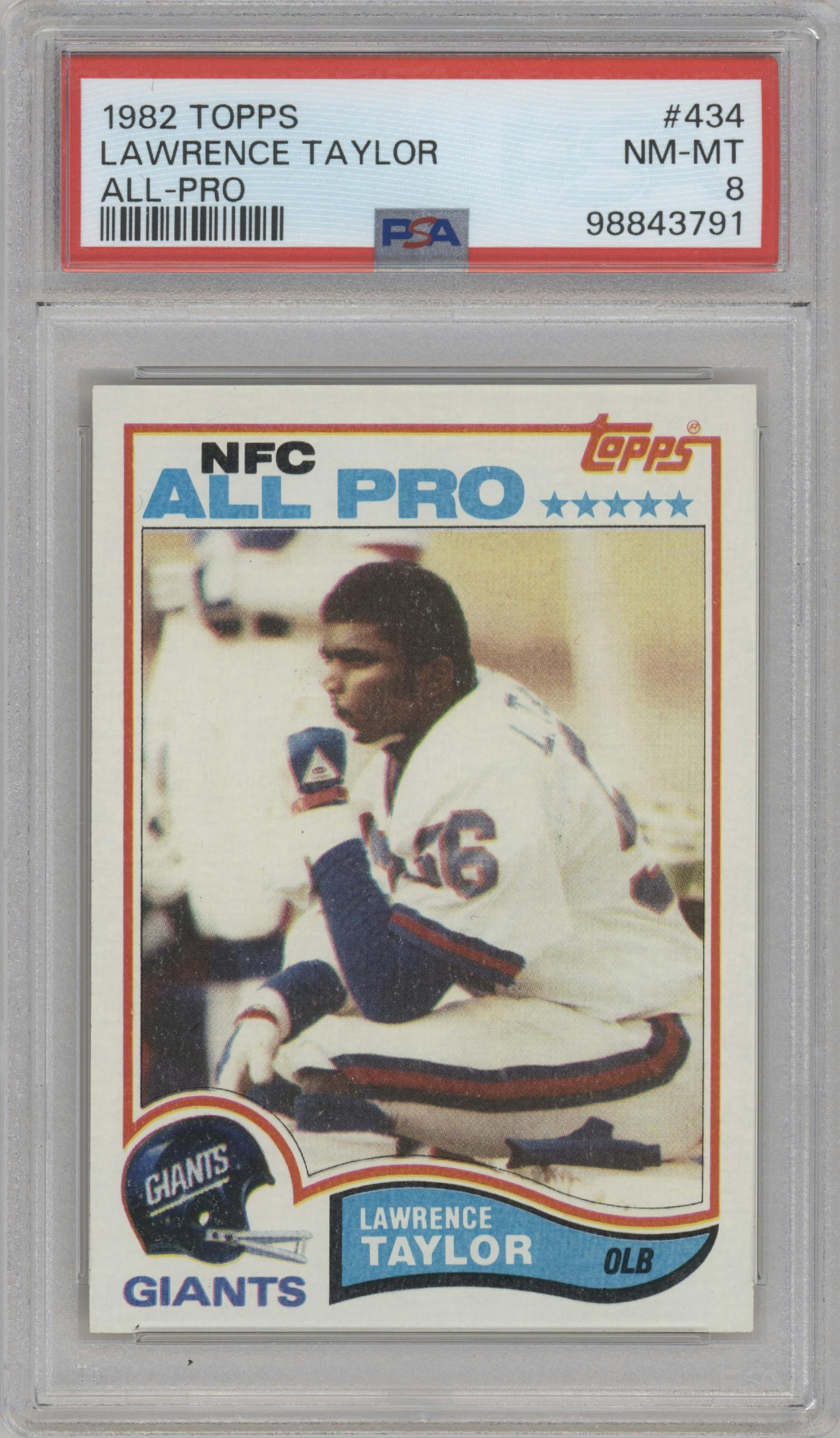 Lawrence Taylor from the 1982 Topps set graded by PSA and given an overall grade of 8.