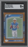 Ladd McConkey from the 2024 Donruss Optic set featuring a Orange parallel graded by SGC and given an overall grade of 9.