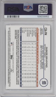 Parker Meadows from the 2024 Topps Chrome Sapphire set graded by PSA and given an overall grade of 10.