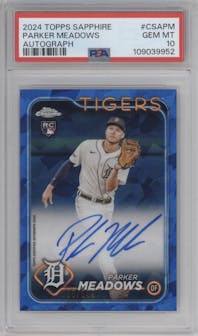 Parker Meadows from the 2024 Topps Chrome Sapphire set graded by PSA and given an overall grade of 10.