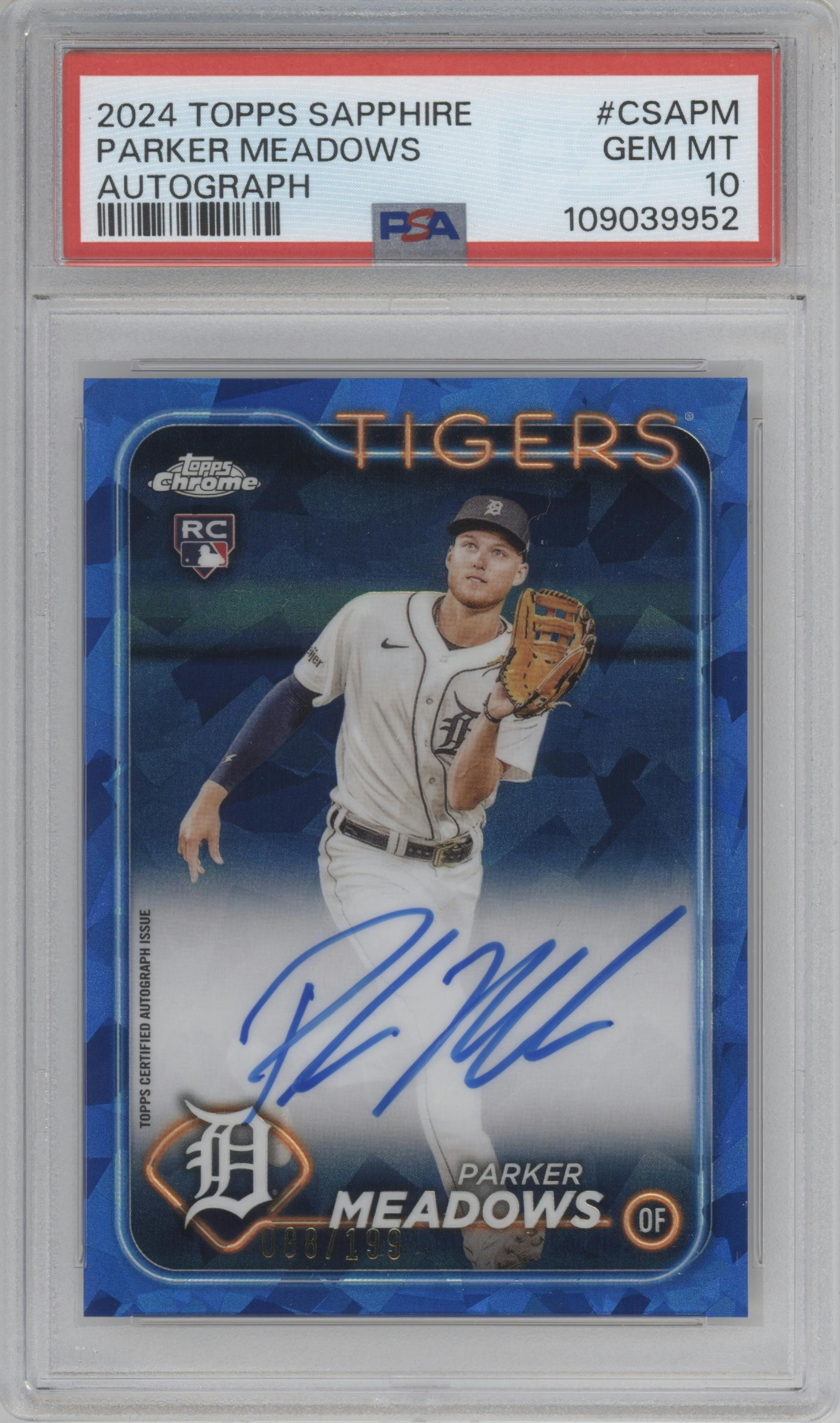 Parker Meadows from the 2024 Topps Chrome Sapphire set graded by PSA and given an overall grade of 10.
