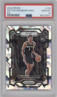 Victor Wembanyama from the 2023-24 Panini Prizm set featuring a Ice Prizm parallel graded by PSA and given an overall grade of 10.