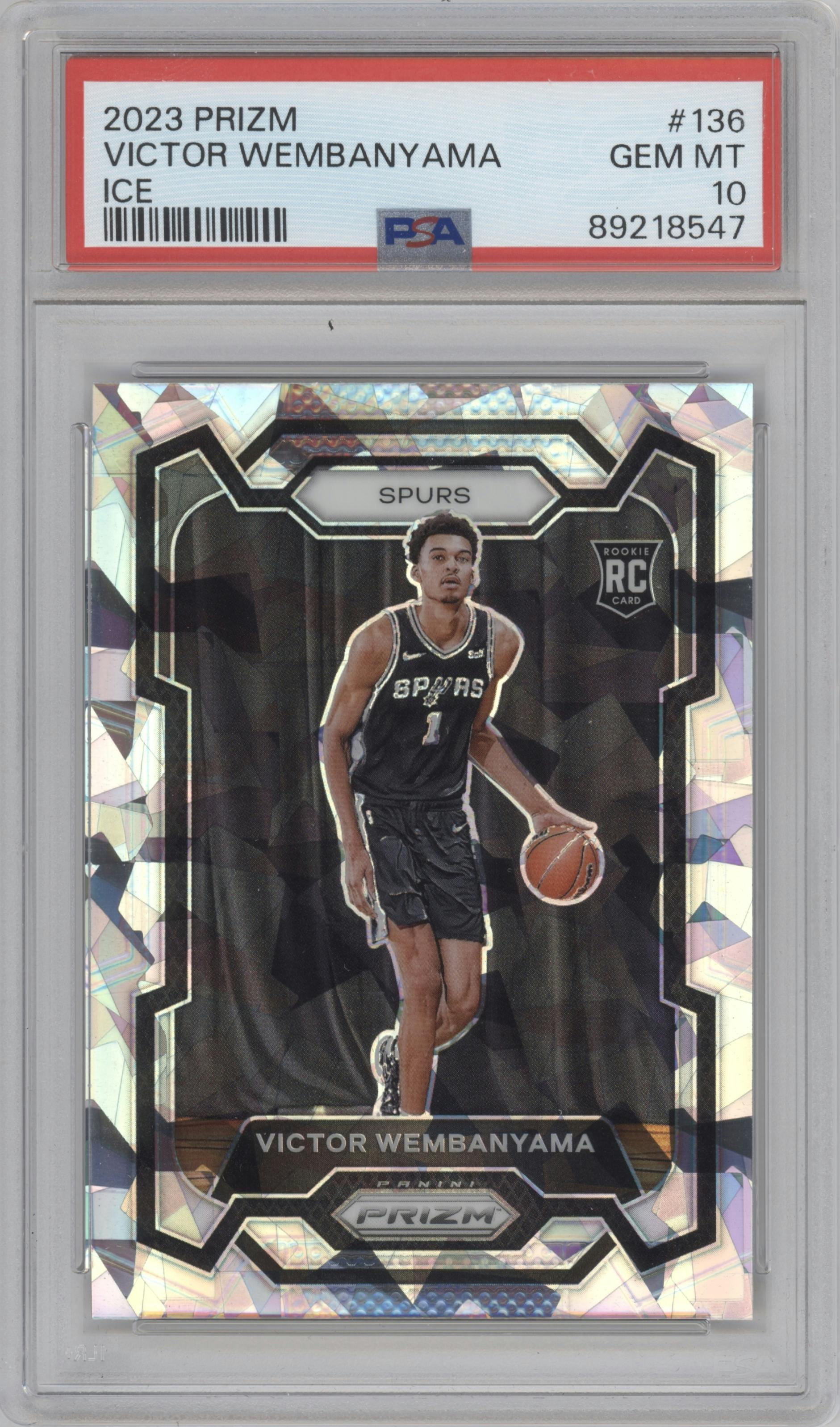 Victor Wembanyama from the 2023-24 Panini Prizm set featuring a Ice Prizm parallel graded by PSA and given an overall grade of 10.