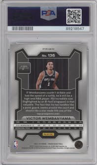 Victor Wembanyama from the 2023-24 Panini Prizm set featuring a Ice Prizm parallel graded by PSA and given an overall grade of 10.